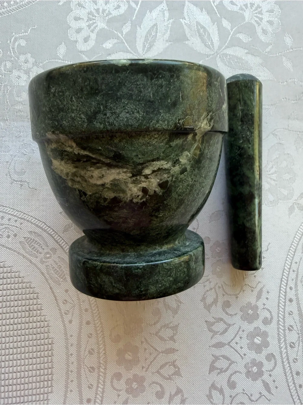 Vintage Y2K Green Marble Mortar And Pestle Set Used Grinding Spices Herbs Nuts